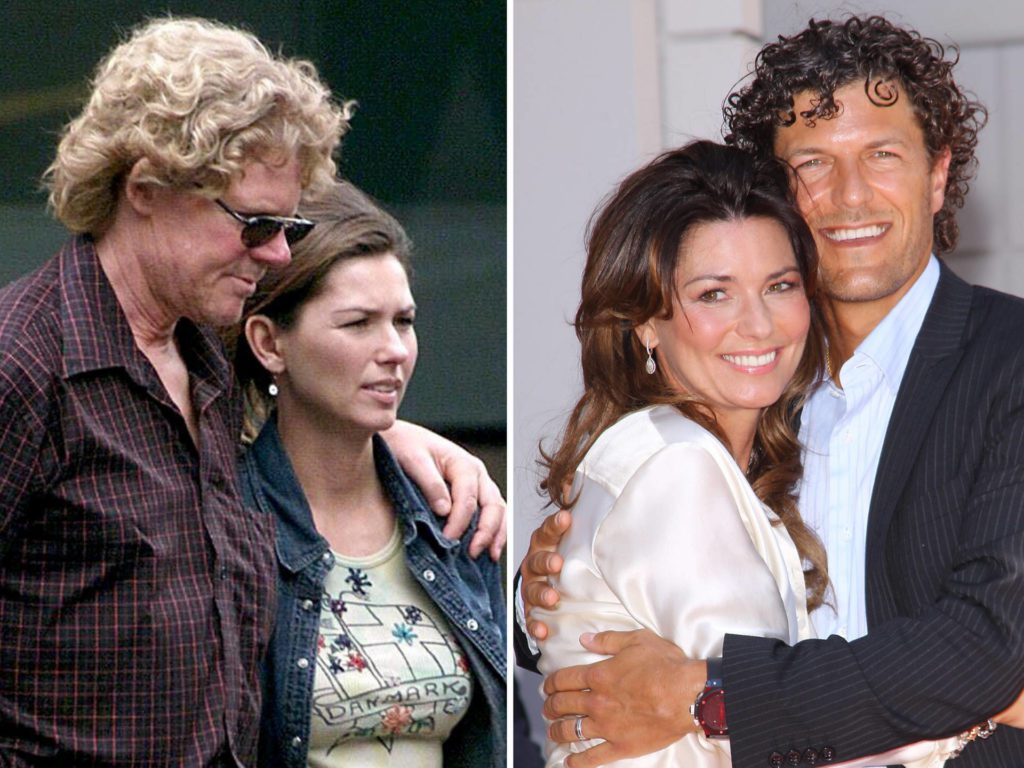 Shania Twain with her ex-husband Mutt Lange (left) and second husband Frédéric Thiébaud (right)