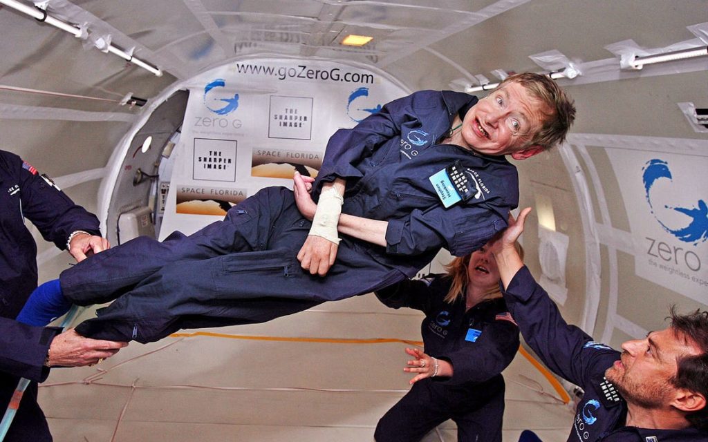 Stephen Hawking experiencing zero gravity in 2007