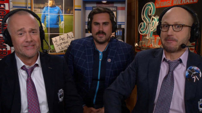 Dan Katz (middle) with Roger Bennett and Michael Davies on Men in Blazers