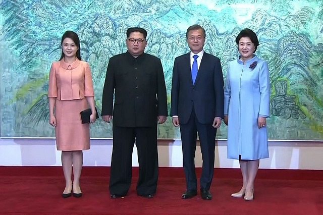 Ri Sol-Ju, and her husband Kim Jong-Un; President Moon Jae-In, and his wife Kim Jong-Sook