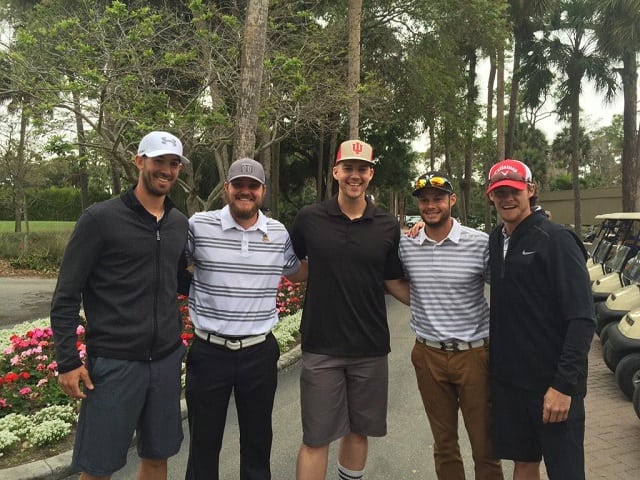Rick Porcello (far left) with some past and present pitchers for the Boston Red Sox
