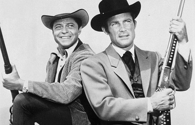Robert Conrad with Ross Martin on the set of "The Wild Wild West"