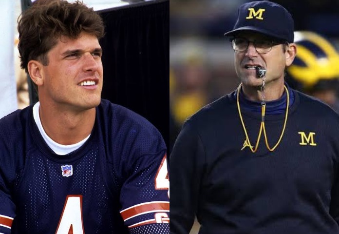 Jim Harbaugh as a football player and (L) and coach (R)